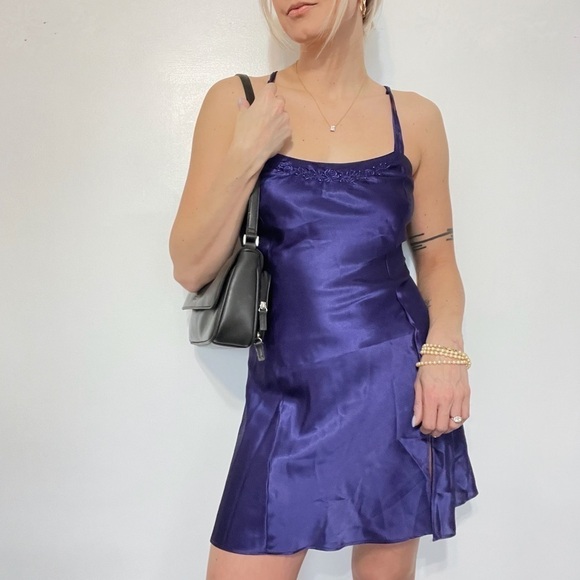 💫 Purple Beaded Satin Strappy Thigh Slit Crisscross Back Mini Slip Dress - Picture 1 of 6